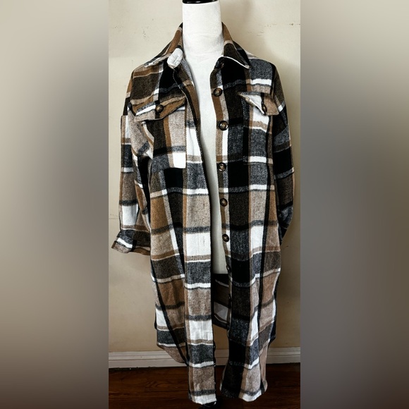 Shacket Duster khaki black plaid field jacket trench coat flannel Barn Chore - Picture 2 of 10